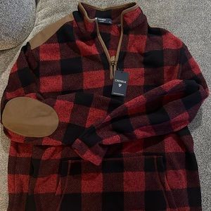 Red/Black checkered pullover with front pouch pockets and elbow patches. Large..